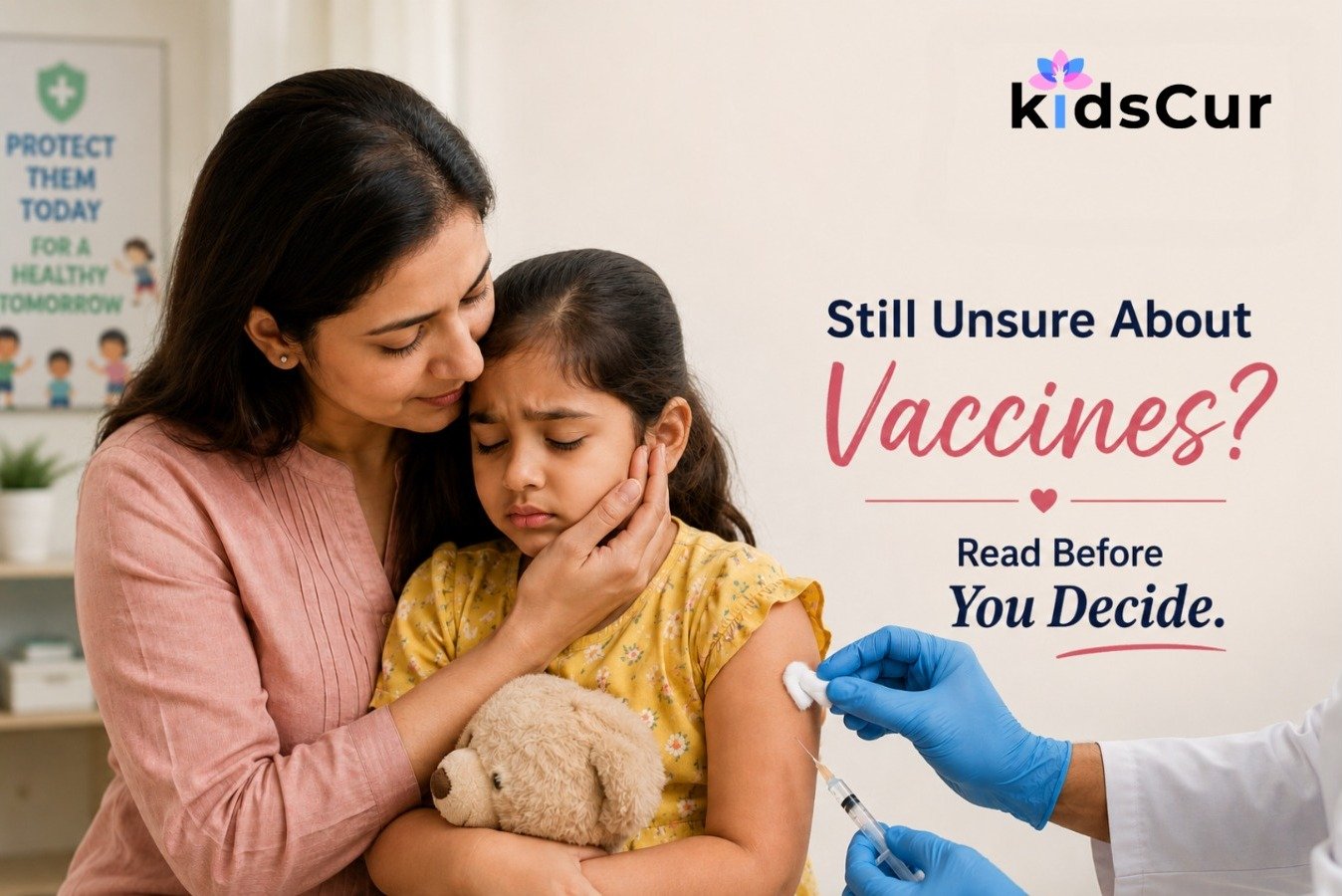 mother comforting child before vaccination — vaccine hesitancy