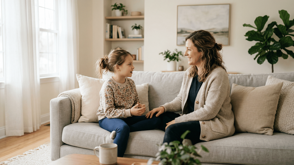 A parent talking gently at eye level with their child, warm natural lighting